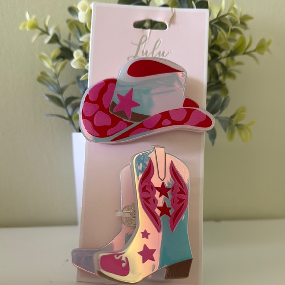 Lulus Accessories - Lulu Pink and Red Cowboy Hat and Boot Hair Clips